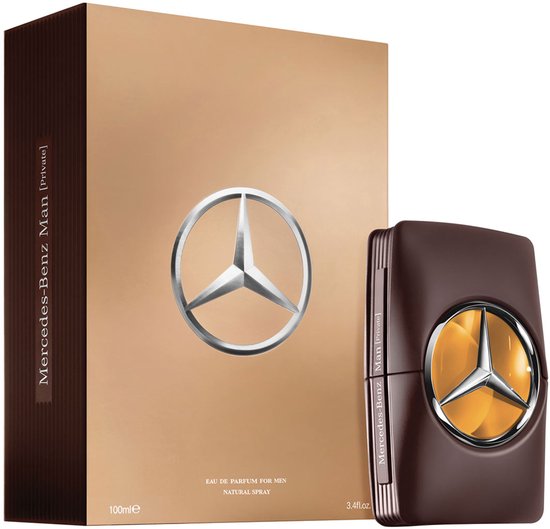 Bruine parfumfles met Mercedes-Benz logo en gele vulling, naast gouden doos met Mercedes-Benz logo. 100ml.