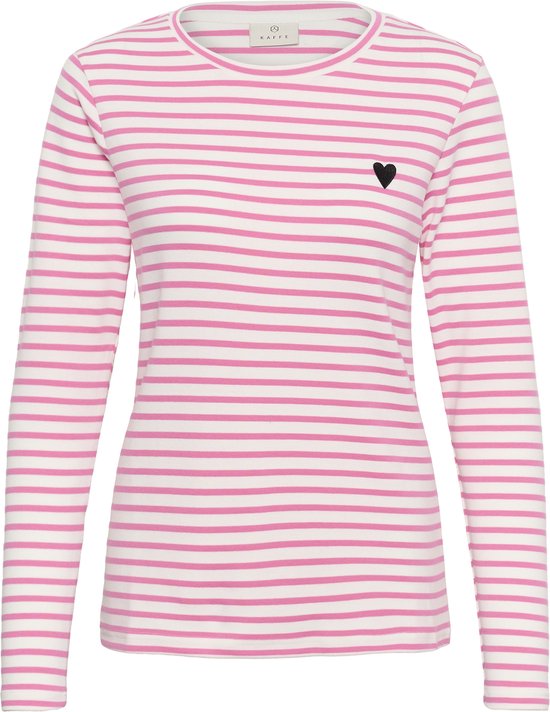 Wit T-shirt met roze strepen en zwart hartje op de borst, lange mouwen.