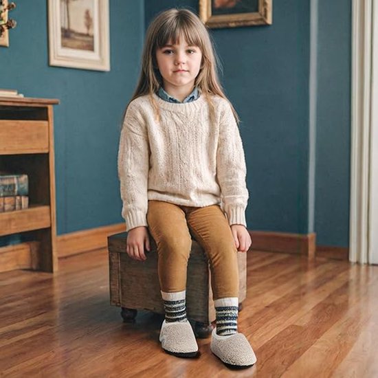 Meisje in beige kabeltrui, bruine corduroy broek, gestreepte sokken en beige pantoffels.