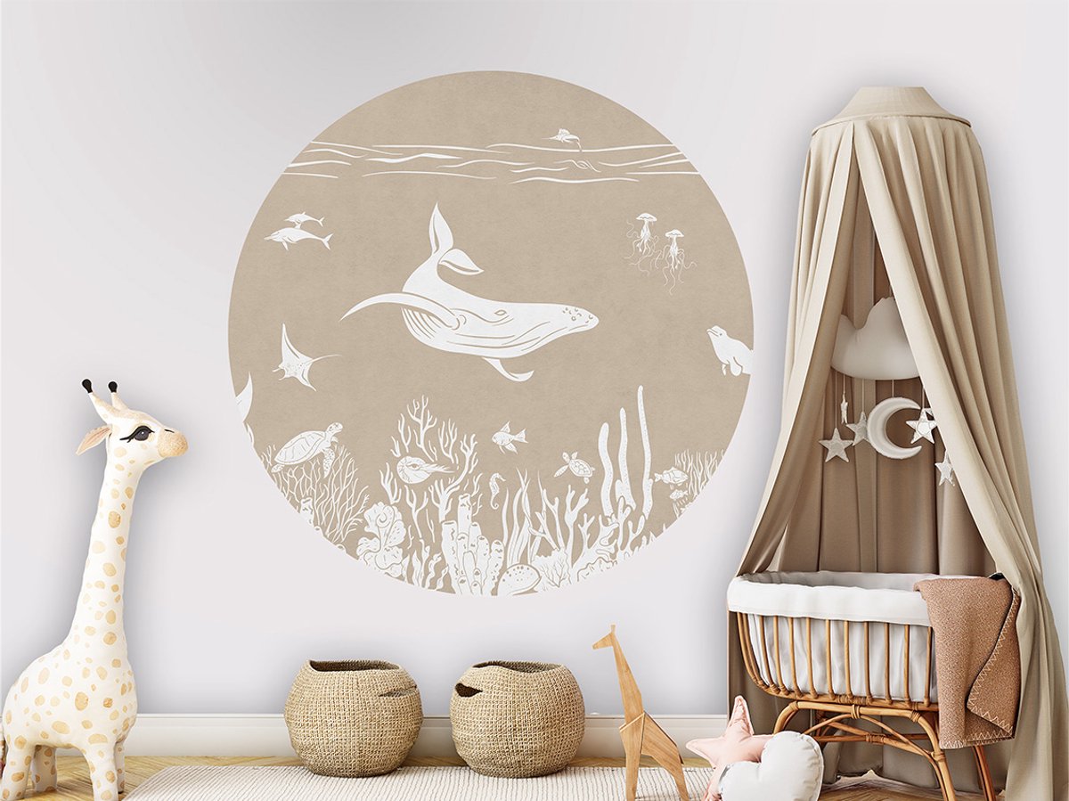 Muurcirkel - Kinderkamer - Decoratie rond - muurdecoratie - ø 80 cm - Onderwaterwereld - Bruin - Monochrome Sea Brown