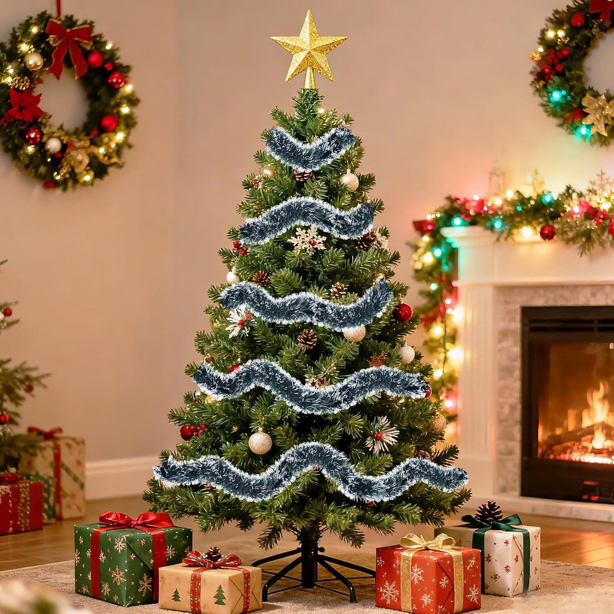 Set van 6 Donkergroene Lametta Slingers voor Kerstboom en Feestdecoratie (12 Meter Totaal) – foto 5