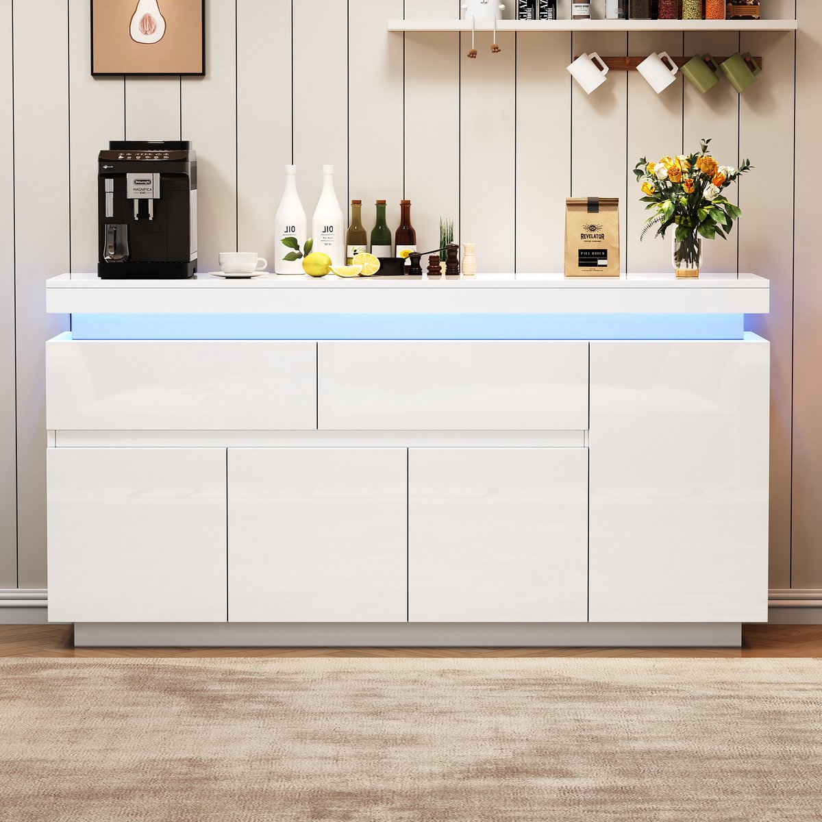 Sweiko Dressoir - Hoogglans - LED-verlichting - 2 lades - Verstelbare plank - Halmeubel - Wit