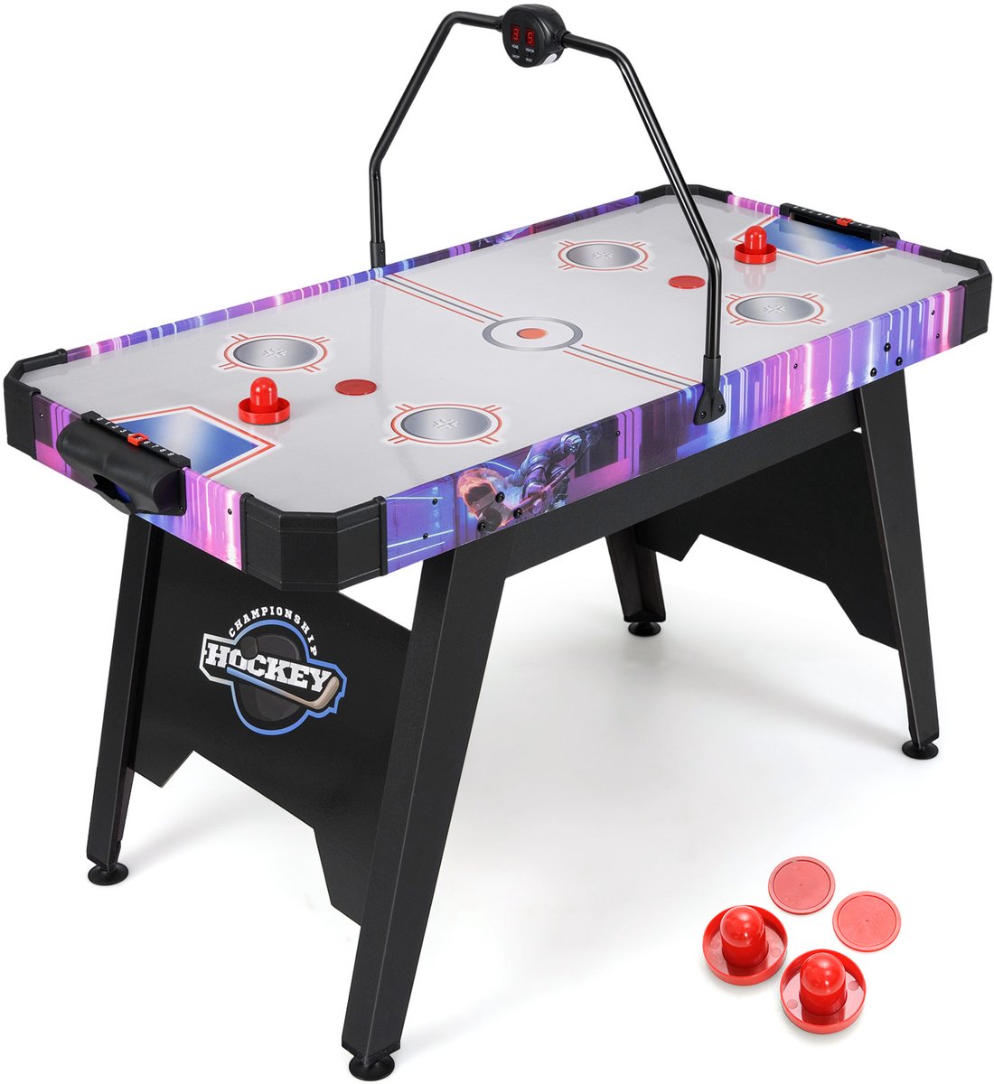 COSTWAY Airhockeytafel met digitaal led-display, Air Hockey speeltafel, elektrisch met 12V-motor, tafelhockey incl. 2 batjes en 2 pucks, luchthockey, speedhockey voor thuis, speelkamer en kantoor
