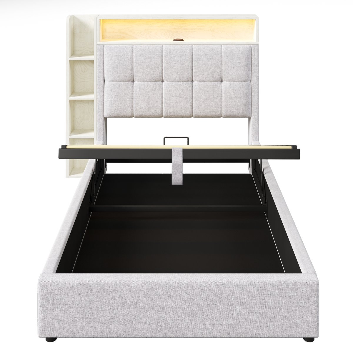 Gestoffeerd bed, 90x200 cm, met USB Type-C oplaadfunctie, zonder matras, multifunctionele opbergruimte, ledverlichting, bediening via drukknop/app, linnen, beige