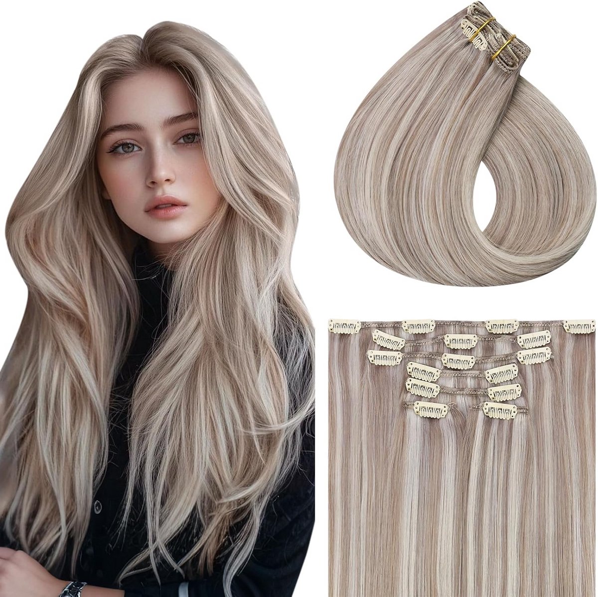 Clip-in Haarverlenging Echt Haar Blond 55cm 7 Delen 120g