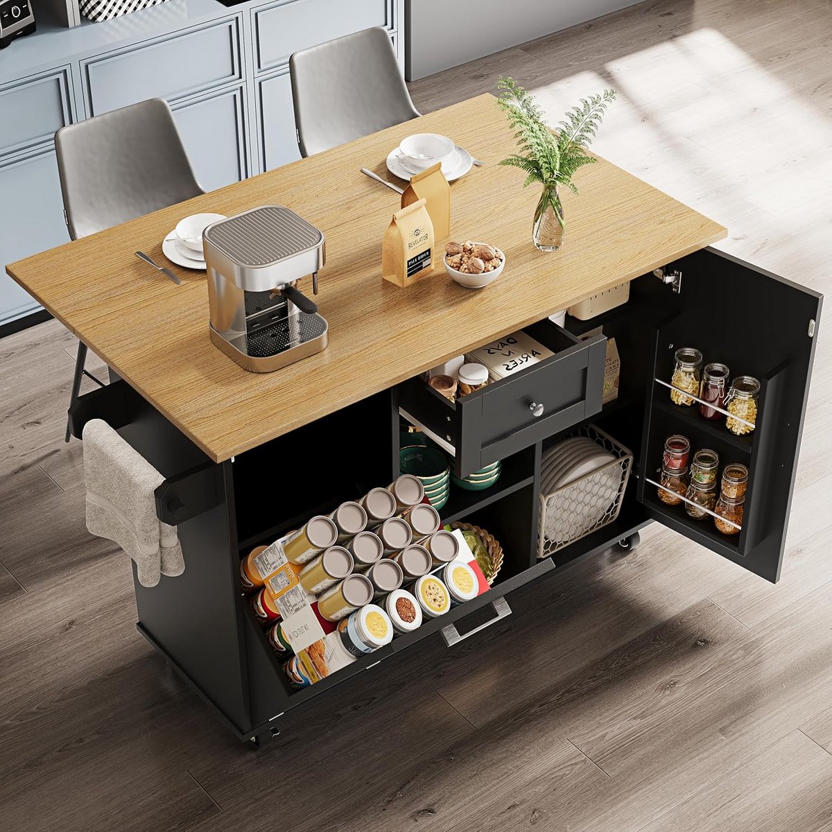 Multifunctionele Keukeneiland / Buffetkast met Opbergruimte en Afvalbak
