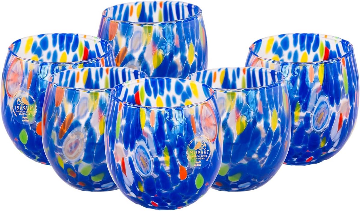 Set van 6 Mondgeblazen Waterglazen, Handgemaakt Italiaans Glas, 400 ml