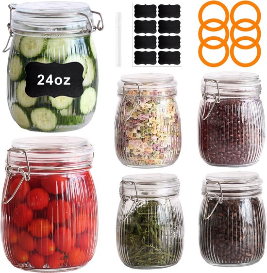 6x Glazen Potten 700ml Met Brede Mond En Luchtdicht Deksel Voor 