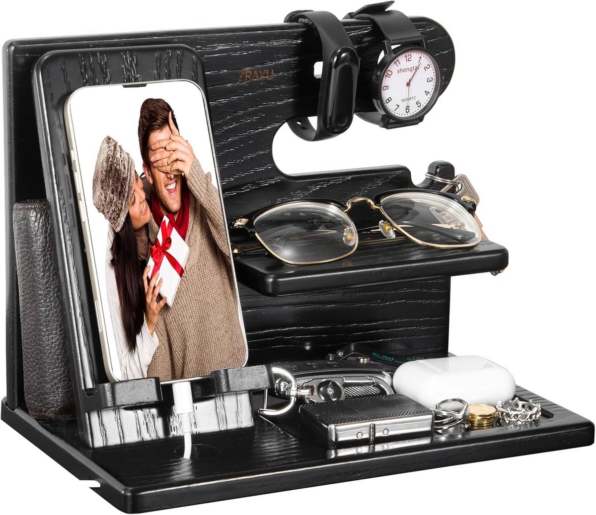 Houten Telefoon Docking Station en Nachtkastje Organizer met Sleutel- en Horlogehouder