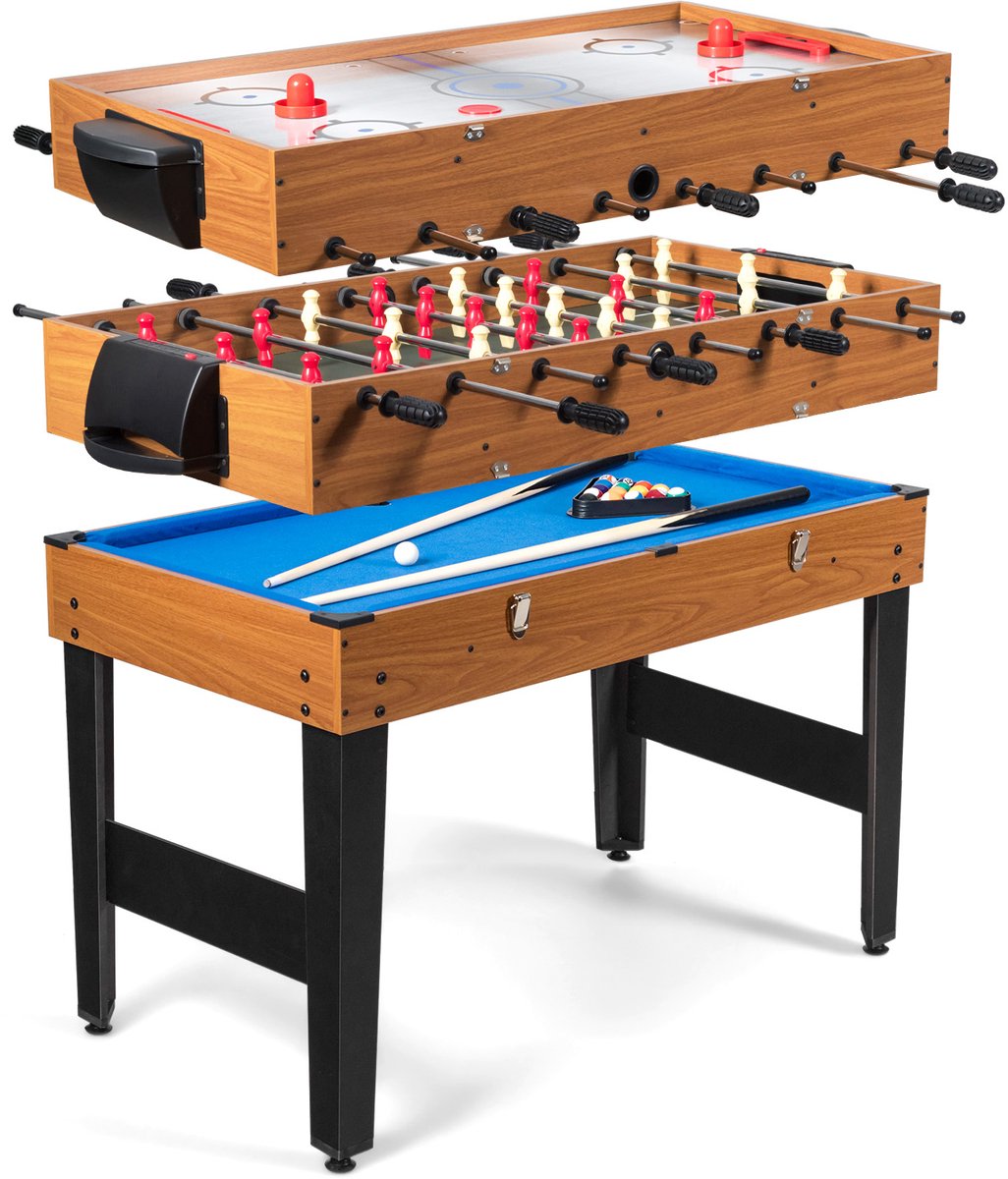 COSTWAY 3-in-1 multifunctionele speeltafel, tafelvoetbaltafel met tafelvoetbal, biljart en airhockey, multifunctionele tafel met metalen frame en accessoires, kickert voor kinderen en volwassenen