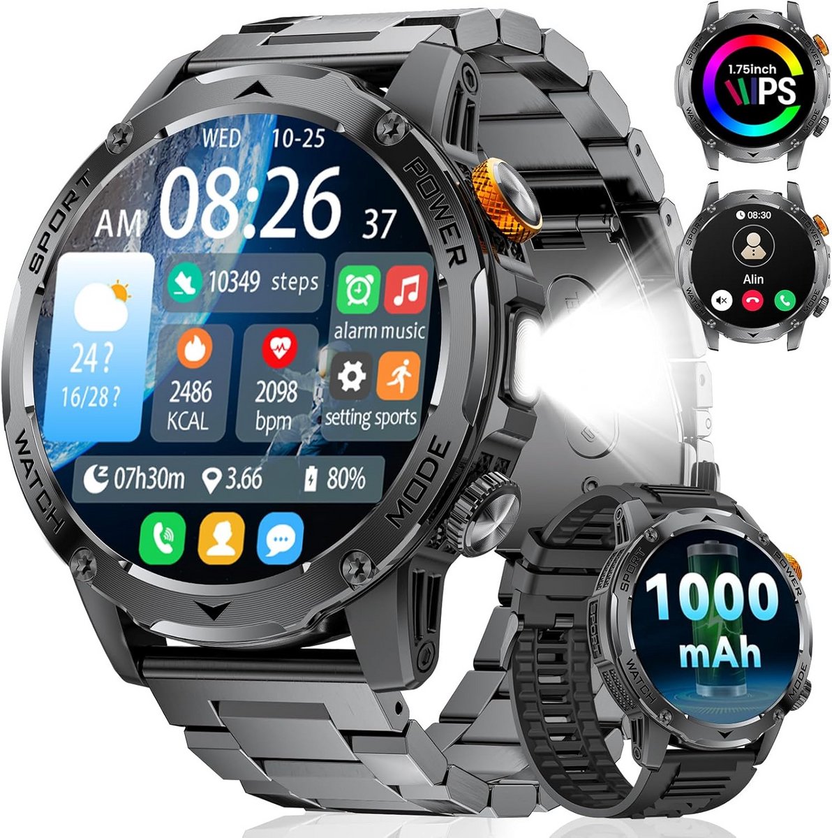 Heren smartwatch met groot scherm, 130+ sportmodi, IP68 waterdicht en fitnesstracker