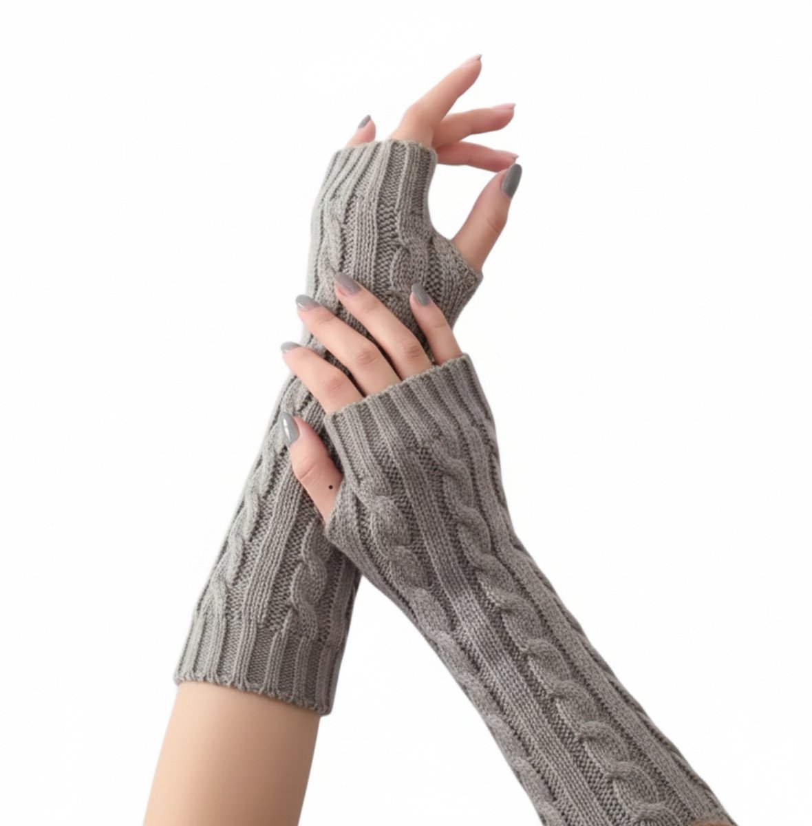 Enluxe Kabelgebreide Armwarmers met Halfvinger voor Dames – Licht Grijs – Winter Warm – One Size
