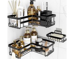 StorageRight Hoekdouche Caddy, 3 stuks zelfklevende badkamer accessoires met zeephouder, opslag roestvrijstalen doucheorganizer plank met haken, geen boren doucheplanken voor badkamer, slaapzaal en