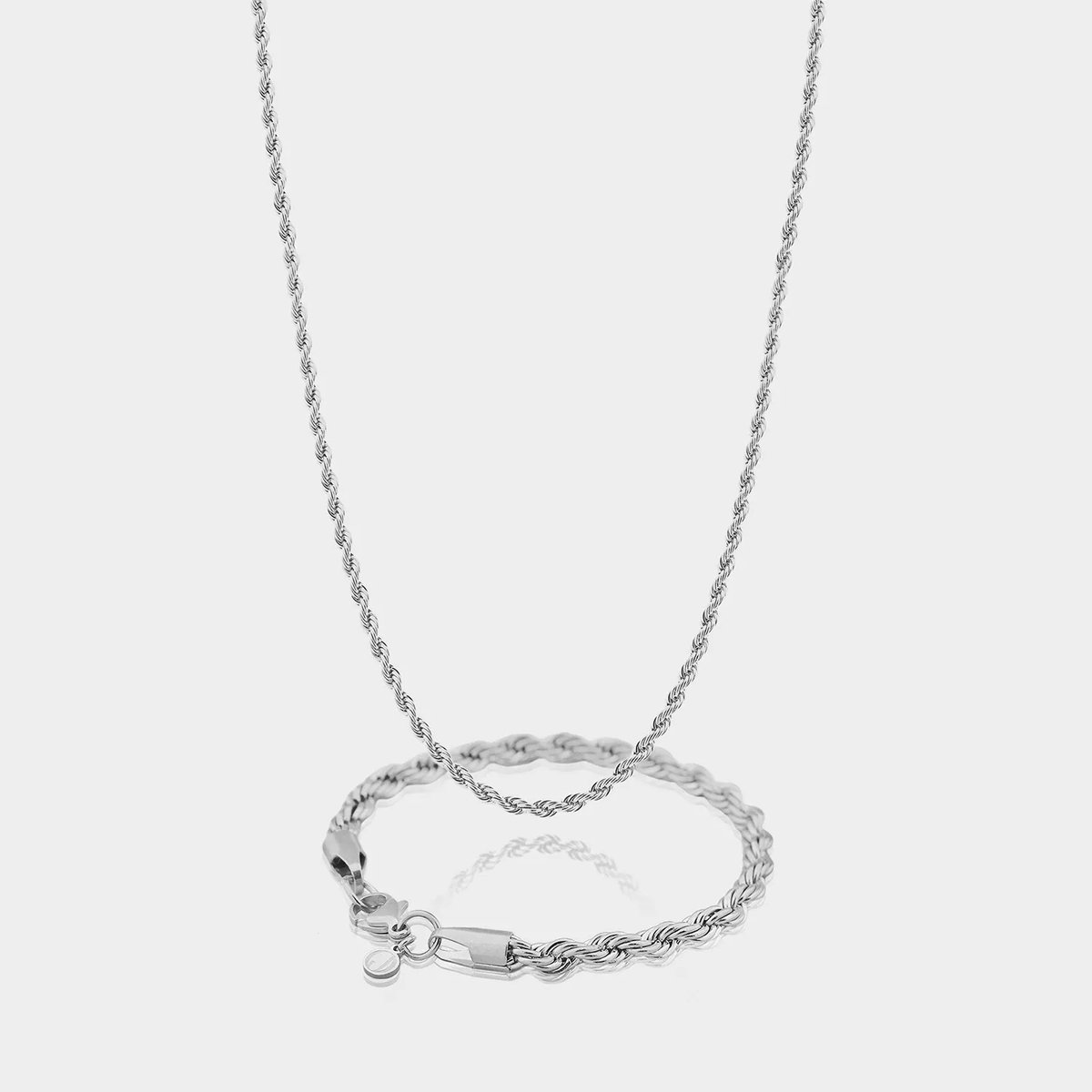 Rope Ketting 3 mm x Rope Armband 5 mm - Zilveren Schakelketting en Schakelarmband Heren - 50/19 cm lang - Olympus Jewelry