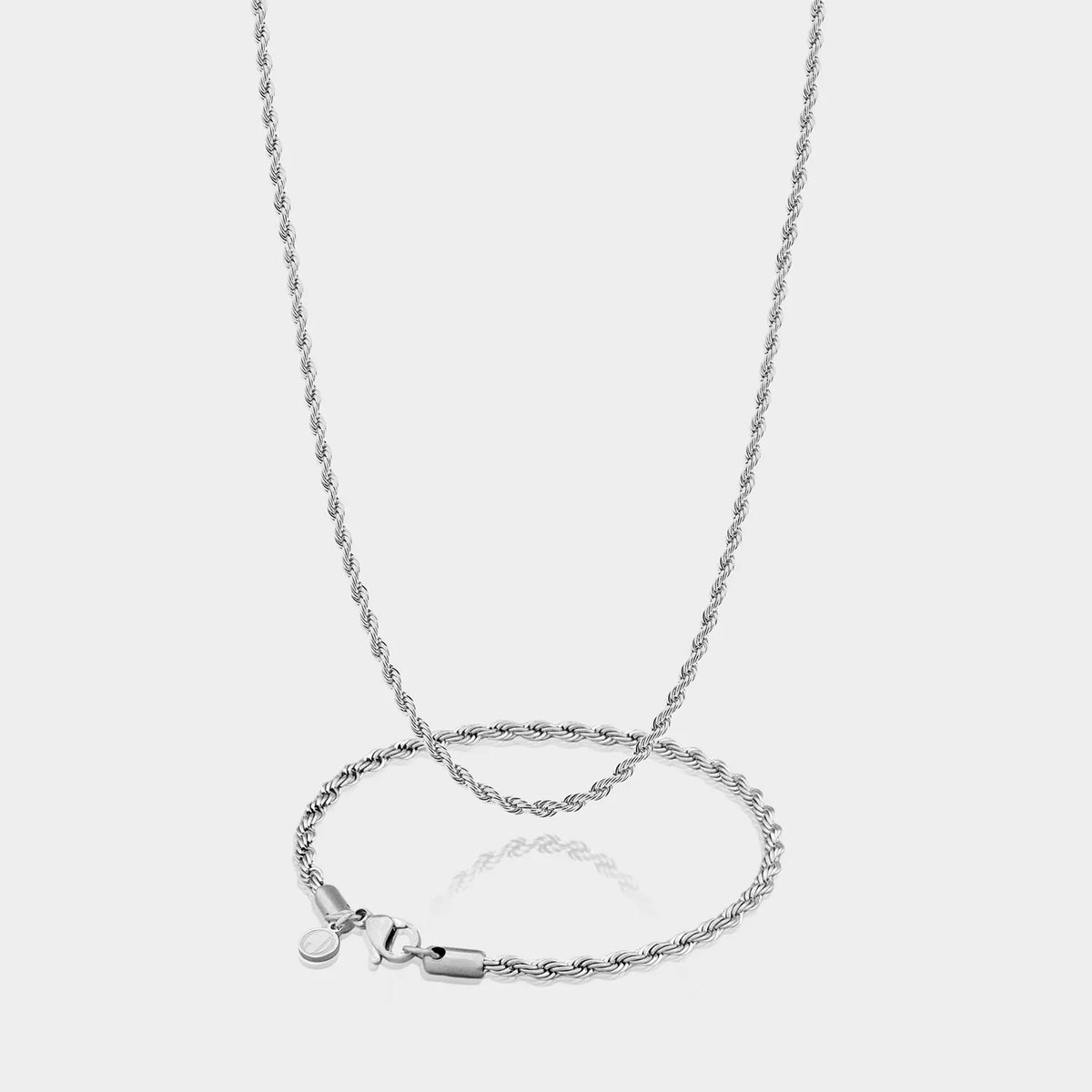 Rope Ketting 3 mm x Rope Armband 3 mm - Zilveren Schakelketting en Schakelarmband Heren - 50/19 cm lang - Olympus Jewelry