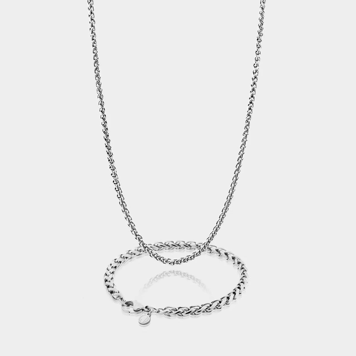 Wheat Ketting 3 mm x Wheat Armband 5 mm - Zilveren Schakelketting en Schakelarmband Heren - 60/19 cm lang - Olympus Jewelry