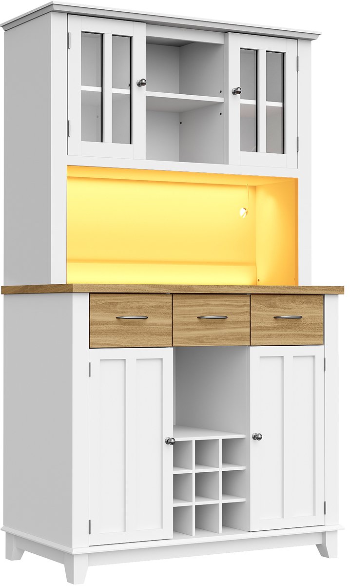 Keukenkast, hoge kast, keukenbuffet, vitrinekast, buffetkast met verstelbare planken, dressoir met ledverlichting, buffetkast (houtkleurige lades)