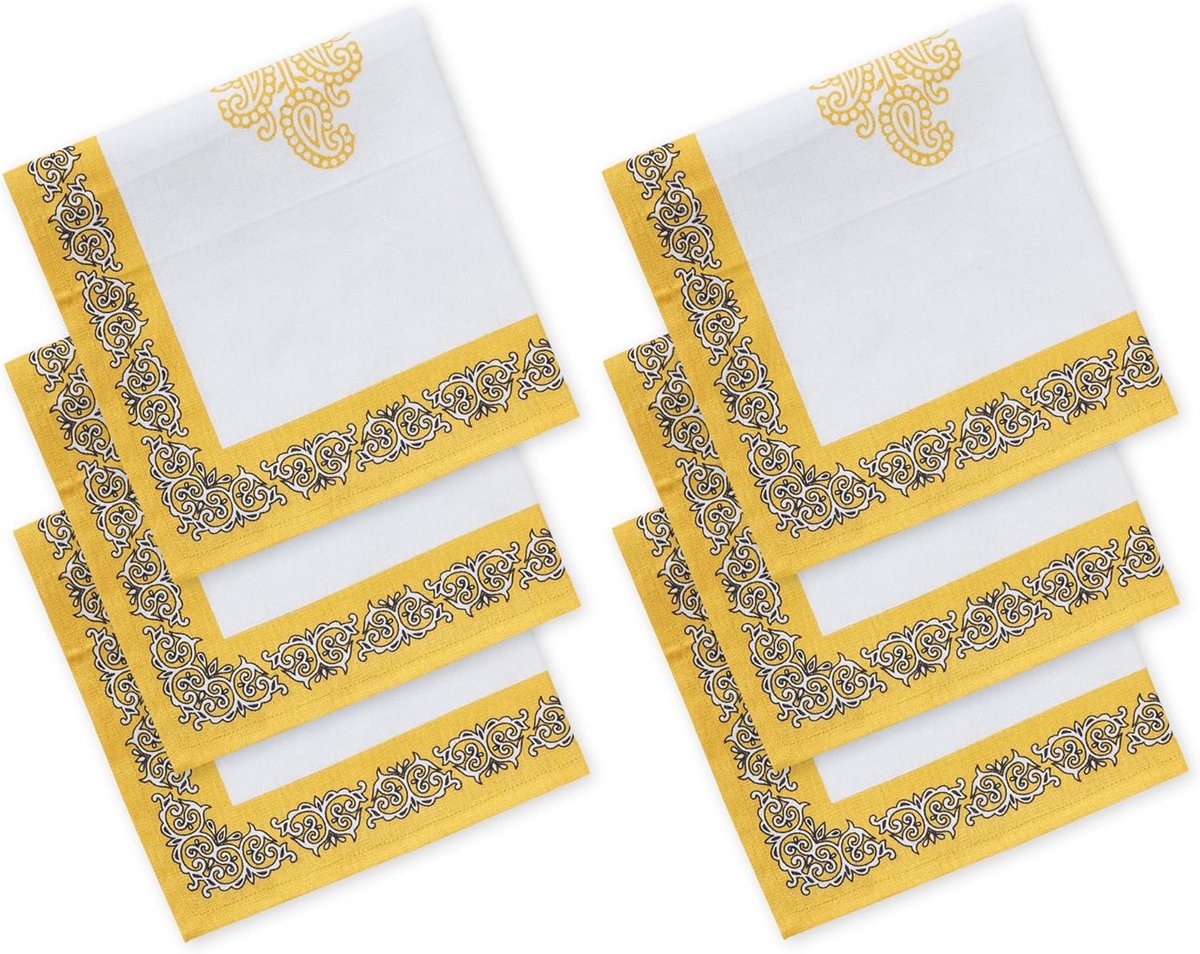 Set van 6 Katoenen Servetten - 45x45 cm - Geel - Blokprint - Duurzaam & Wasbaar