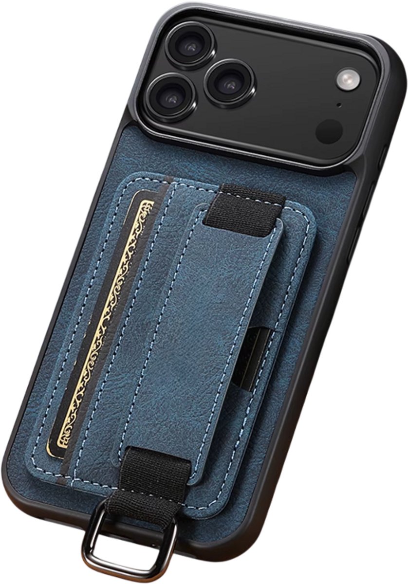 Premium Kunstleren iPhone 17 Hoesje – Geschikt voor iPhone 17 met Polsband, Ringgesp, Kaarthouder & Standfunctie – Veilig, Handig en Perfect voor Onderweg-Blauw