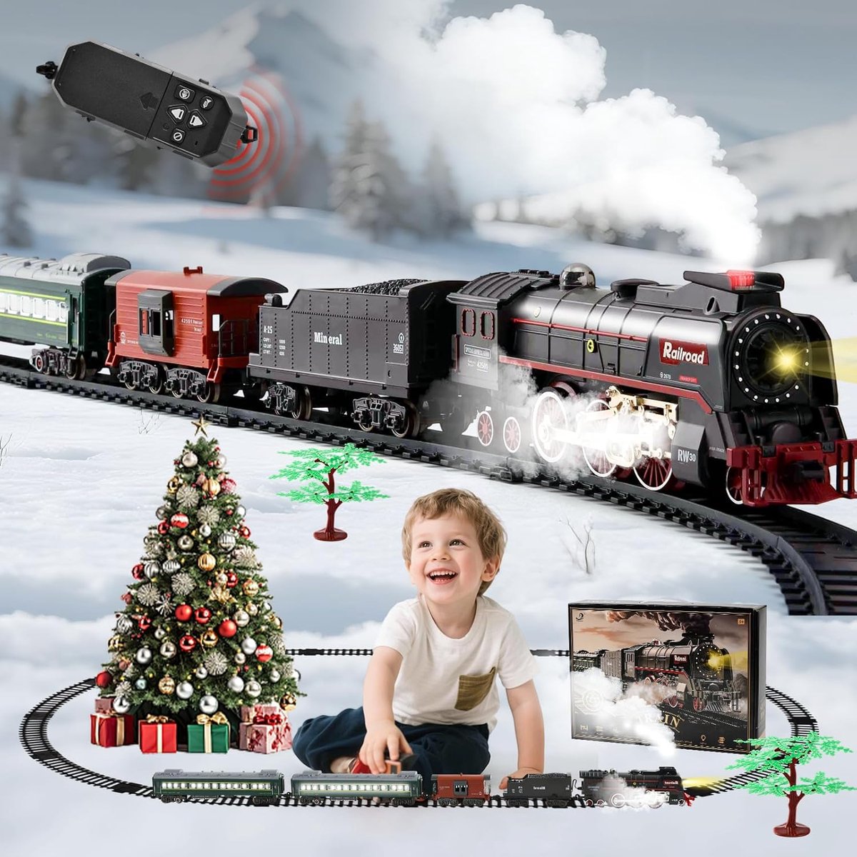 Elektrische trein, elektrische kersttrein met rook, licht en geluiden, stoomlocomotief, elektrisch speelgoed, cadeau voor kinderen van 3 tot 12 jaar (model met afstandsbediening)