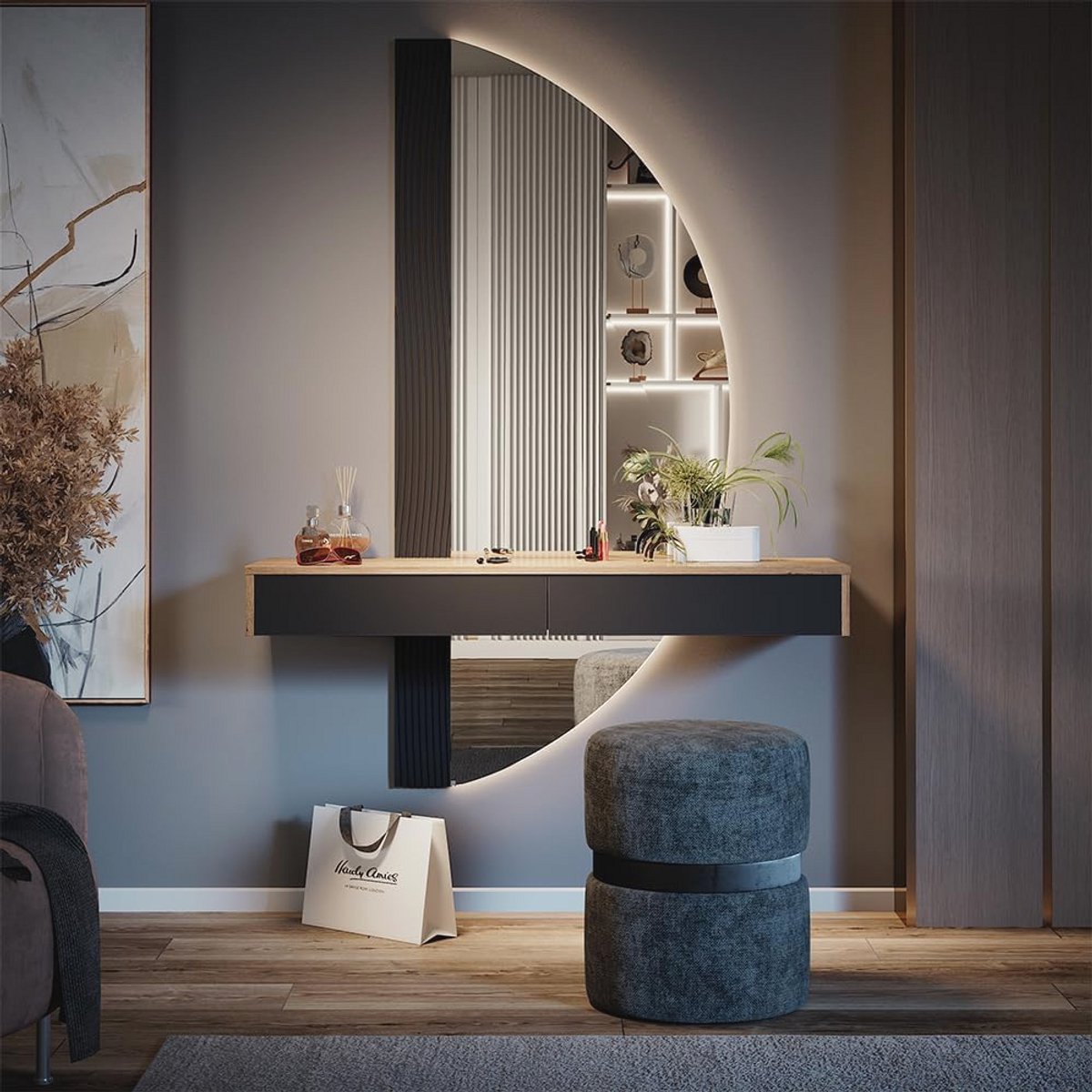 Elegante Make-uptafel met Spiegel en LED Verlichting - Eiken met Zwart