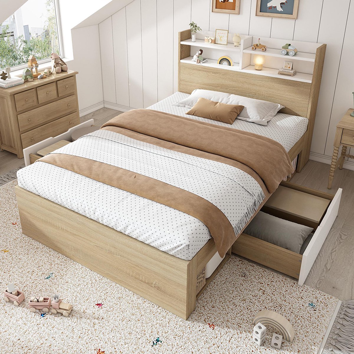 KOMHTOM Eenpersoonsbed van hout 90x200 wit/eiken, tweekleurig bed met hoofdeinde, 2 lades en open opbergvakken, gedeeltelijk van massief hout, praktisch bed met opbergruimte voor kleine spullen, zonder matras