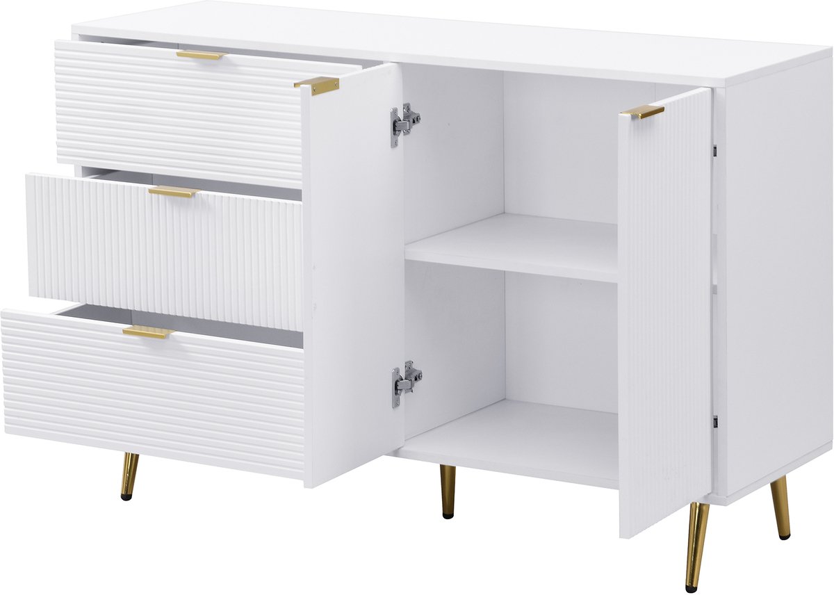 Sideboard, Wohnzimmerschrank mit Türen und Schubladen, Innenregalen, Kommode mit goldenen Griffen und Beinen