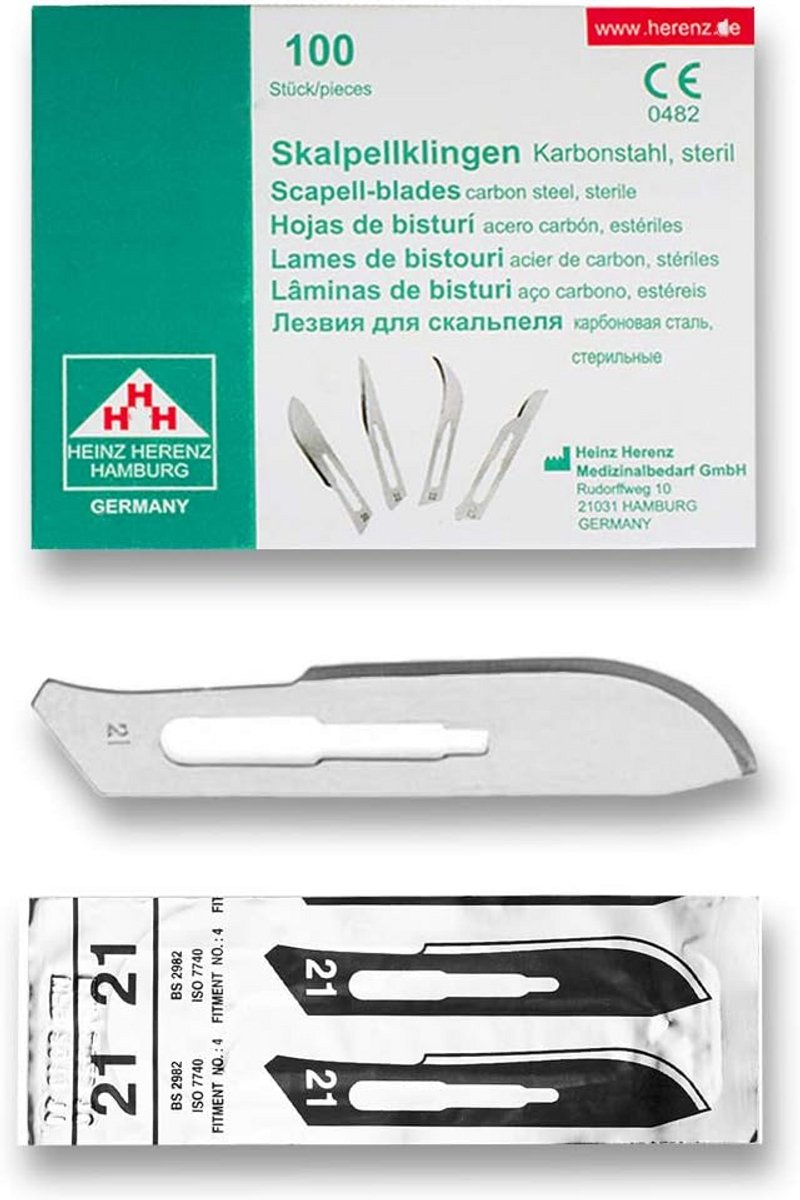 100 Stuks Scalpelmessen Figuur 21 voor Houder Nr. 4 - Koolstofstaal & Steriel Verpakt
