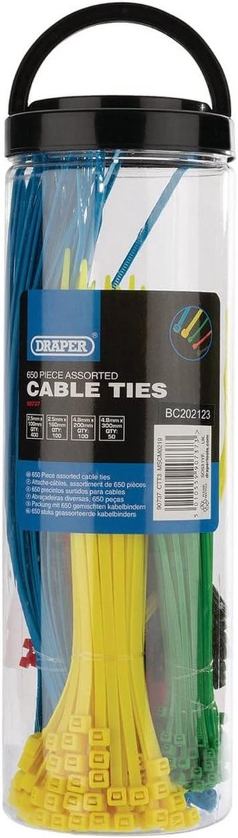Draper 90737 650-delig gesorteerd gekleurd nylon kabelbinderpakket