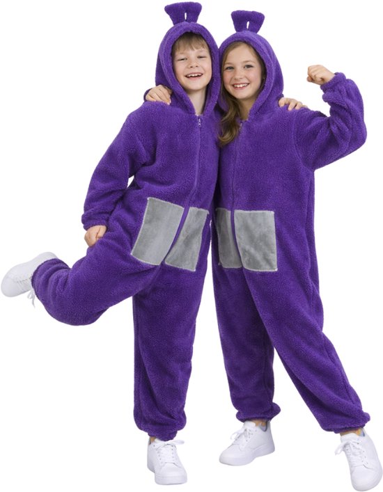 JOYAKIDS® Tele Onesie tinky Kinderen | Paars Verkleedkostuum Kids | Onesie Pyjama winky | Tubbie Kostuum Kind | Halloween en Carnaval kleding | Verkleedkleding | Verkleed als Tinky | Groepskostuum | Maat 130