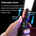 Hand met handschoen bedient zaklamp, met pijlen die 'Push Up Spotlight' en 'Push Down Floodlight' aangeven.