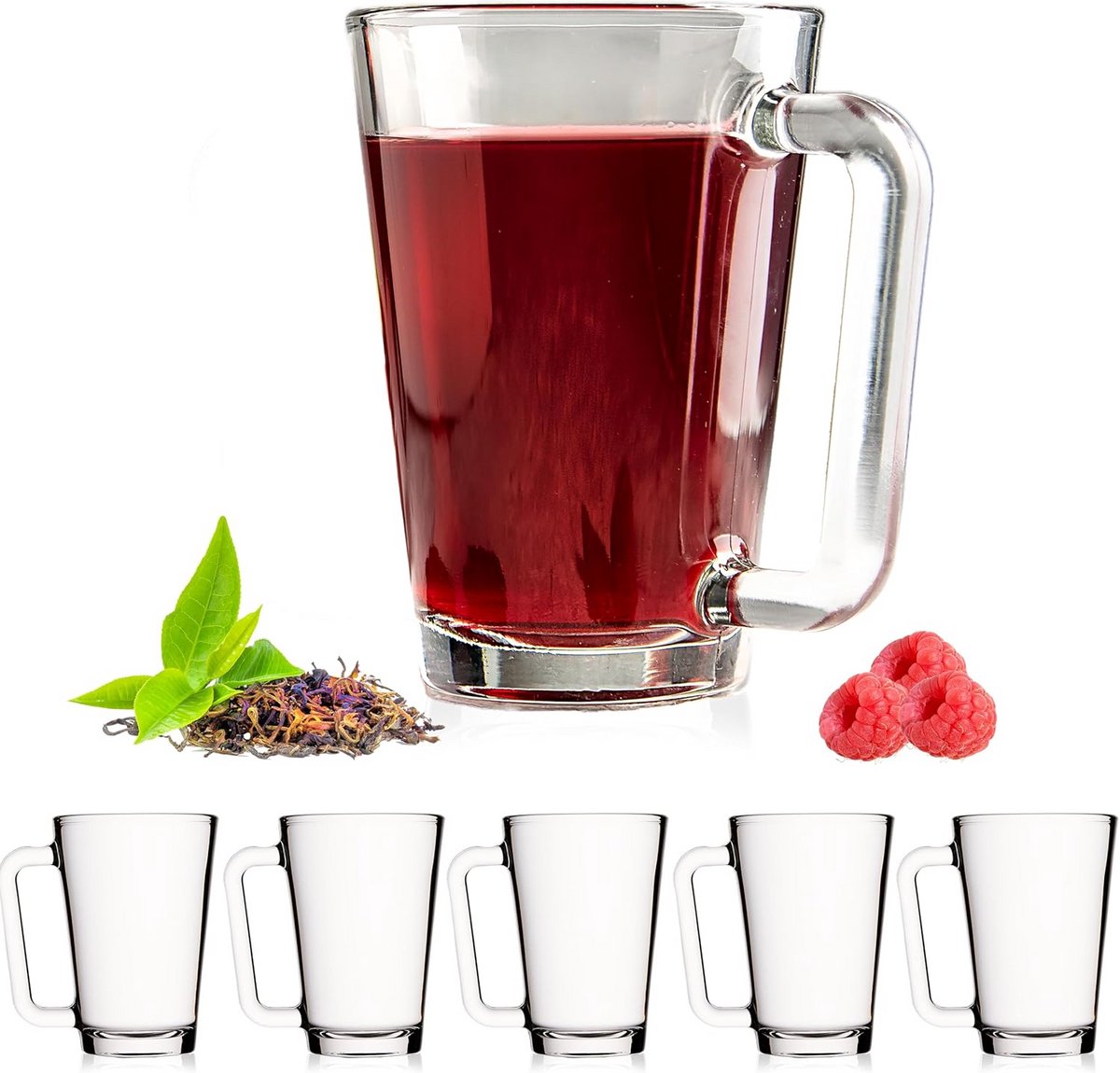 Set van 6 theeglazen met oor van glas, geschikt voor koffie en thee, 220 ml