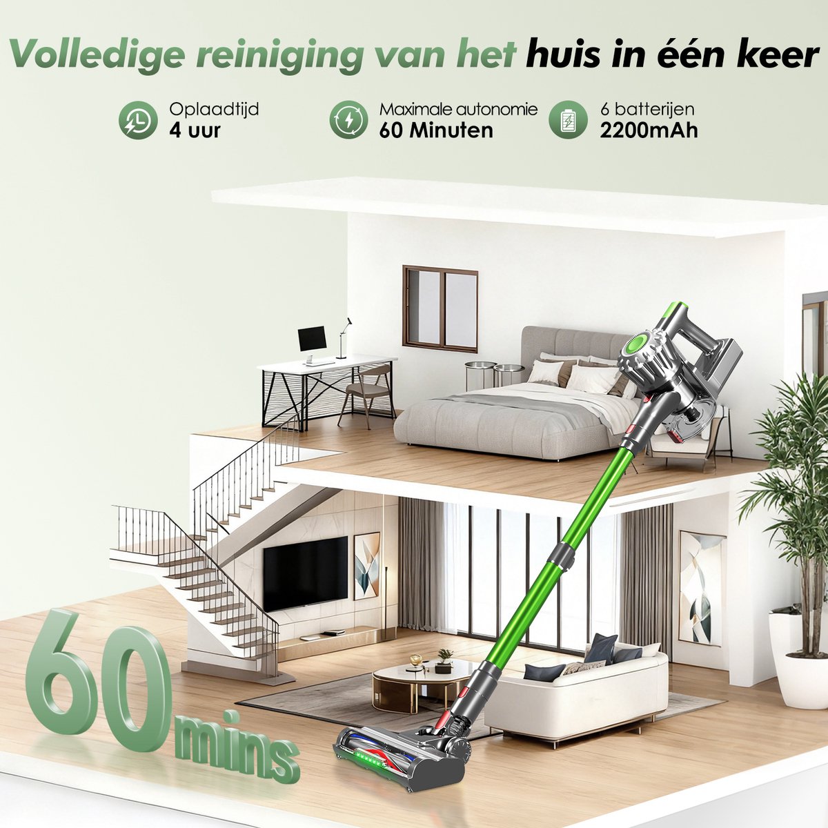 Fukstern Steelstofzuiger Draadloos - 38KPa krachtige zuigkracht - Tot 60 Min Accuduur - 4-voudig HEPA-Filtersysteem - 1,6L Stofreservoir - Anti-Klit Vloerborstel draadloze steelstofzuiger - groen – foto 3