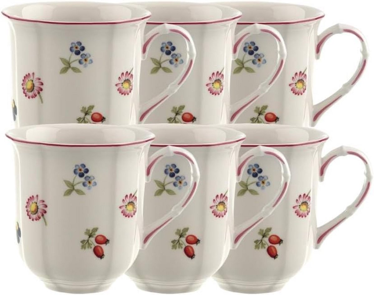 Set van 6 Koffiekopjes met Oor - Porselein - Wit met Bloemenpatroon
