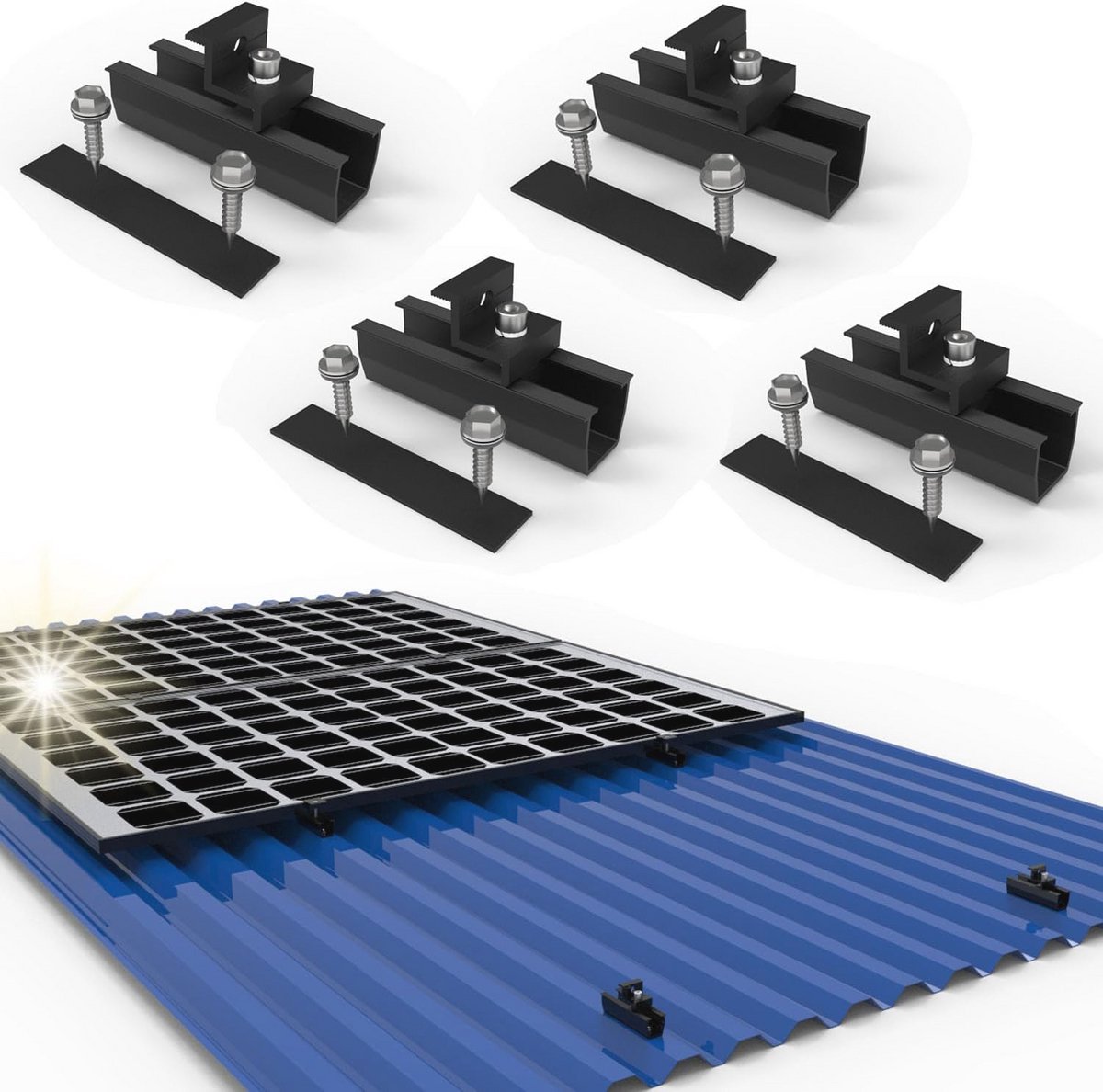 Zonnepaneelhouder voor 2 zonnepanelen met verstelbare klemmen en bevestigingsrail