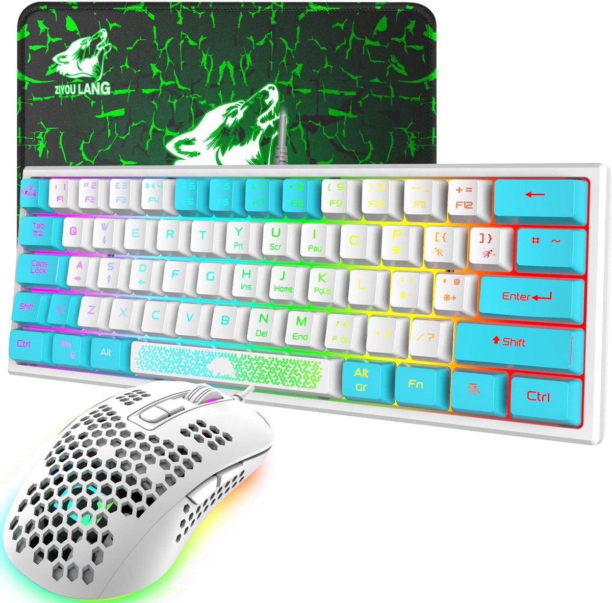 60% Compact Gaming Toetsenbord en Muis Set met RGB Licht, Bedraad Mini Toetsenbord + 2400 DPI Muis Incl. Muismat - Wit