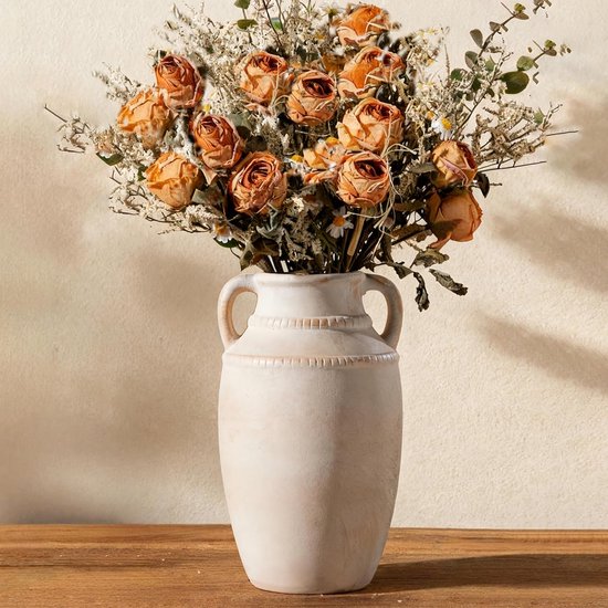 Grote Beige Keramische Vaas met Handgrepen, 25 cm - Boho Woondecoratie Tafelvaas