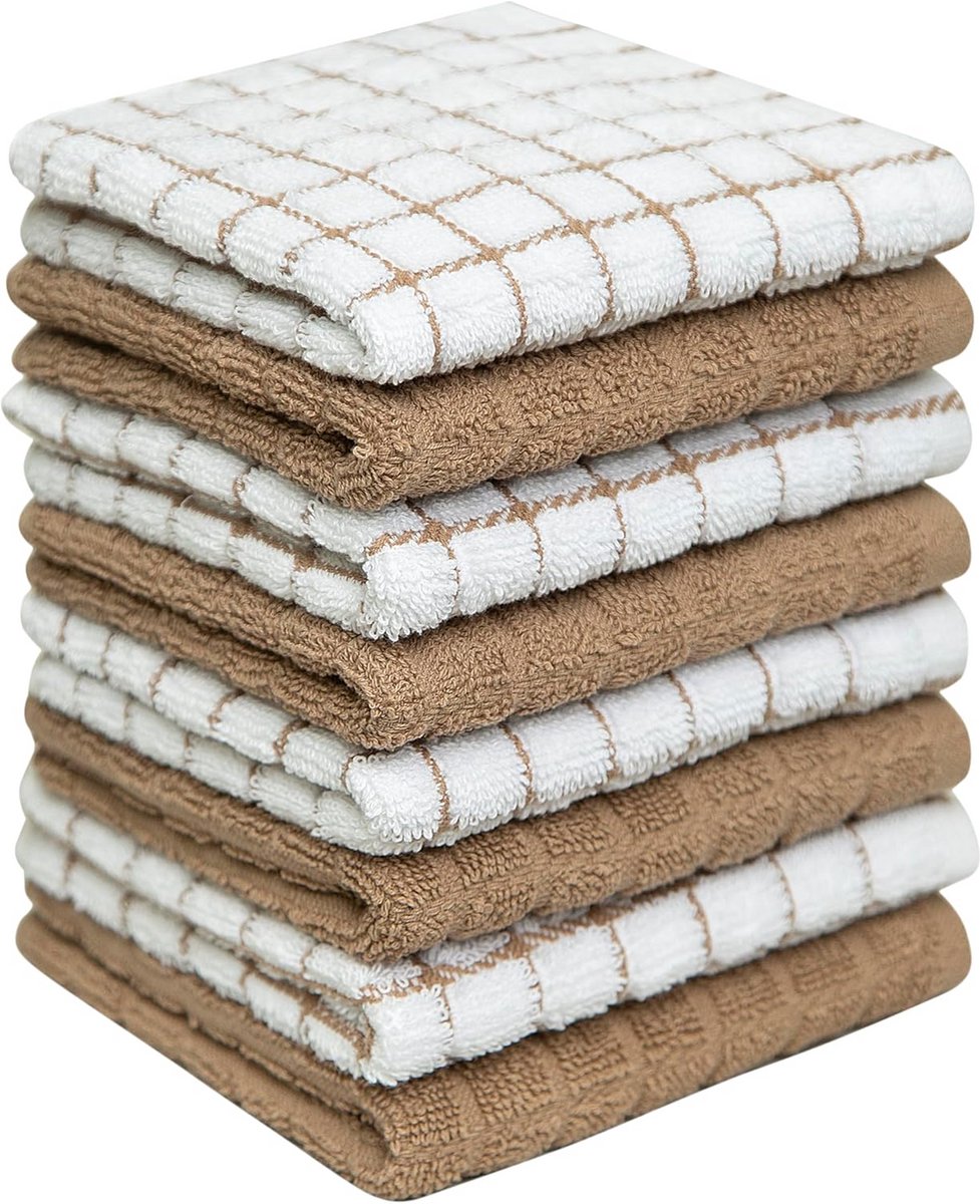 Set van 8 Premium Katoenen Vaatdoeken Bruin Geruit - Zeer Absorberend en Duurzaam