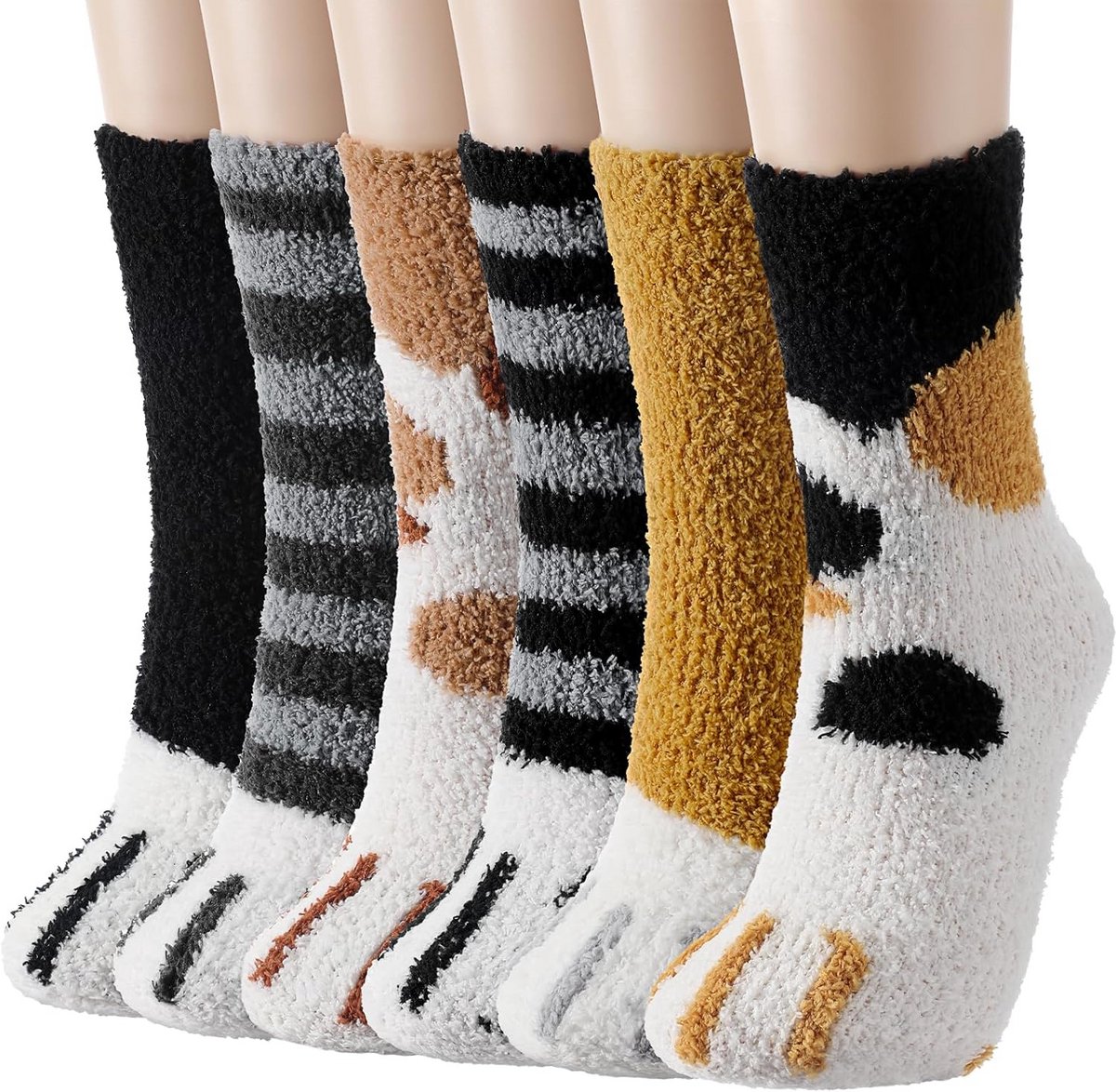6 Paar Pluizige Dames Sokken - Extra Zachte Warme Pantoffelsokken met Kattenpootjes