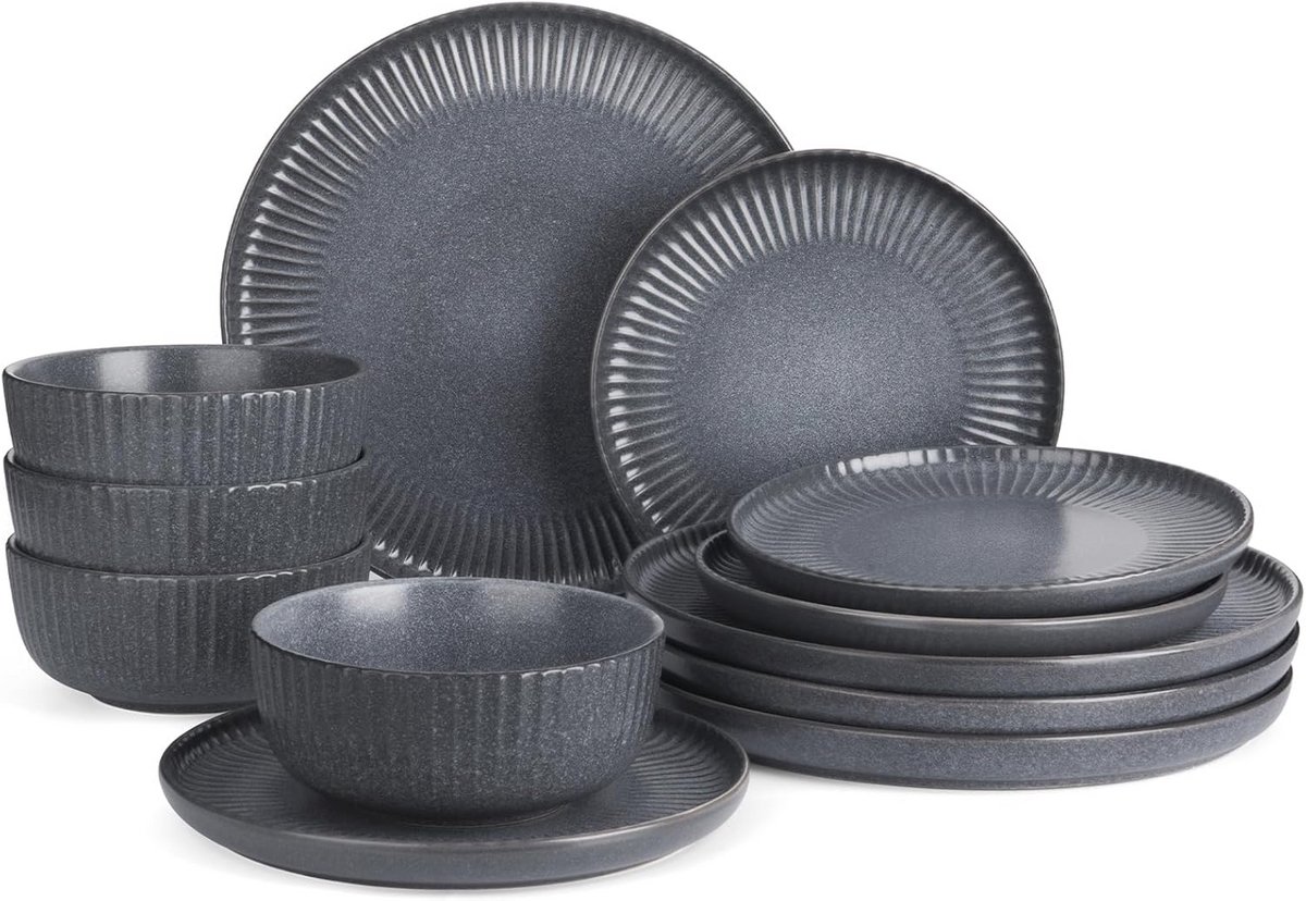 12-delige servies set voor 4 personen - geribbeld en magnetronbestendig