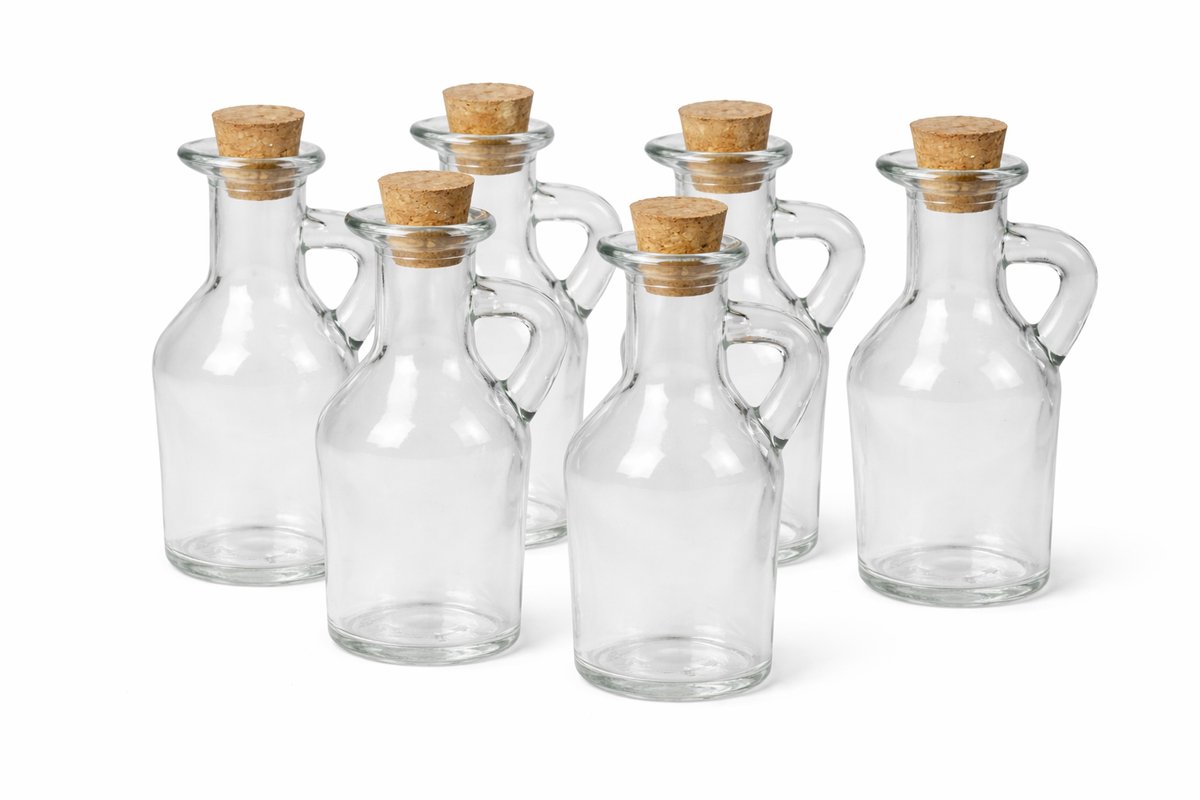 Set van 6 Glazen Schenkflesjes 100 ml – Met Kurken Dop – Transparant & Herbruikbaar – Voor Olie, Azijn, Likeur, DIY Cadeautjes & Bruiloft Bedankjes – Elegant & Luchtdicht – Transparant