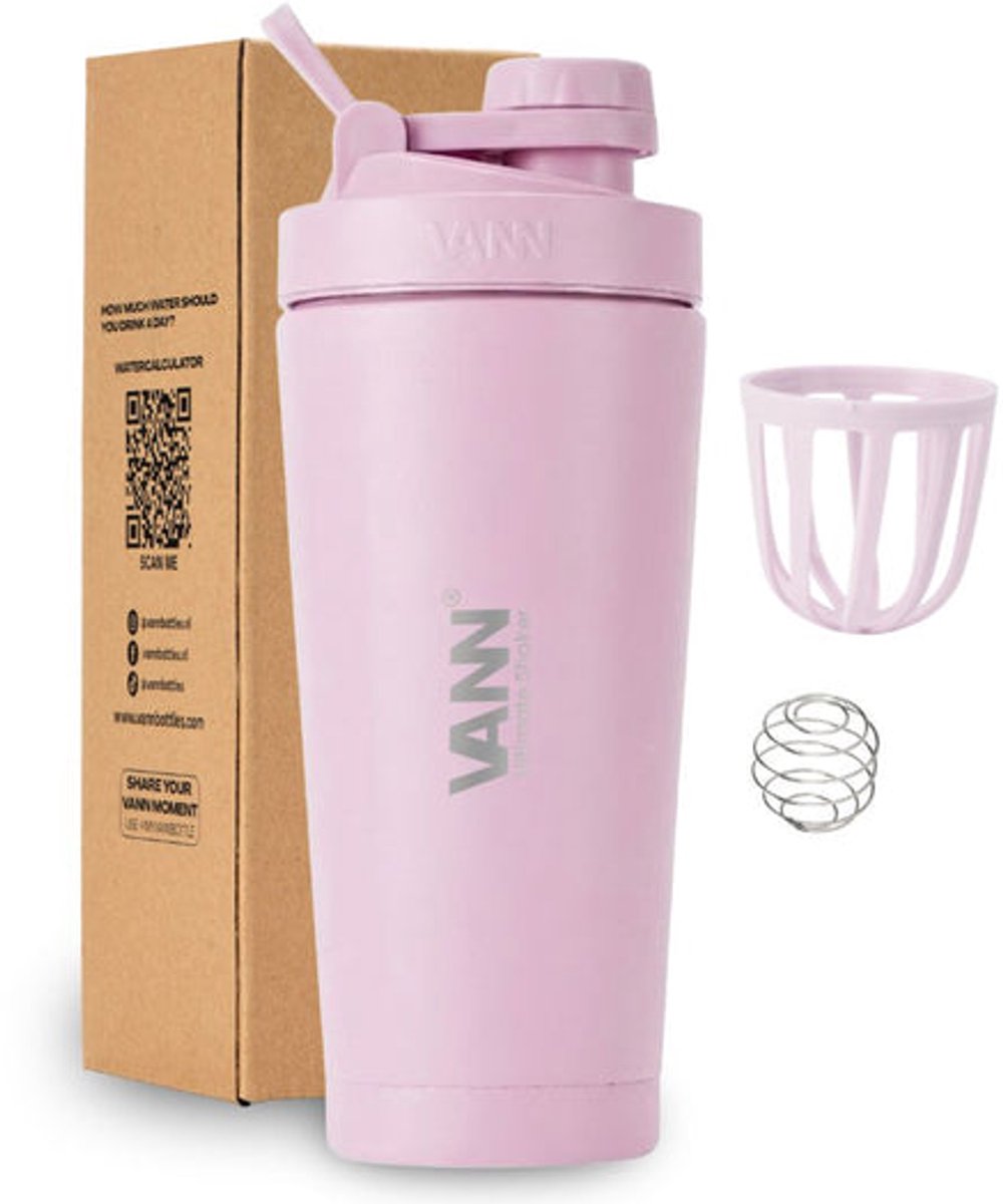 VANN® 3-wandige RVS shakebeker 750 ML - Premium Proteïne & Eiwit Shaker - ULTIMATE SHAKER™ - 12 uur koud - Pink