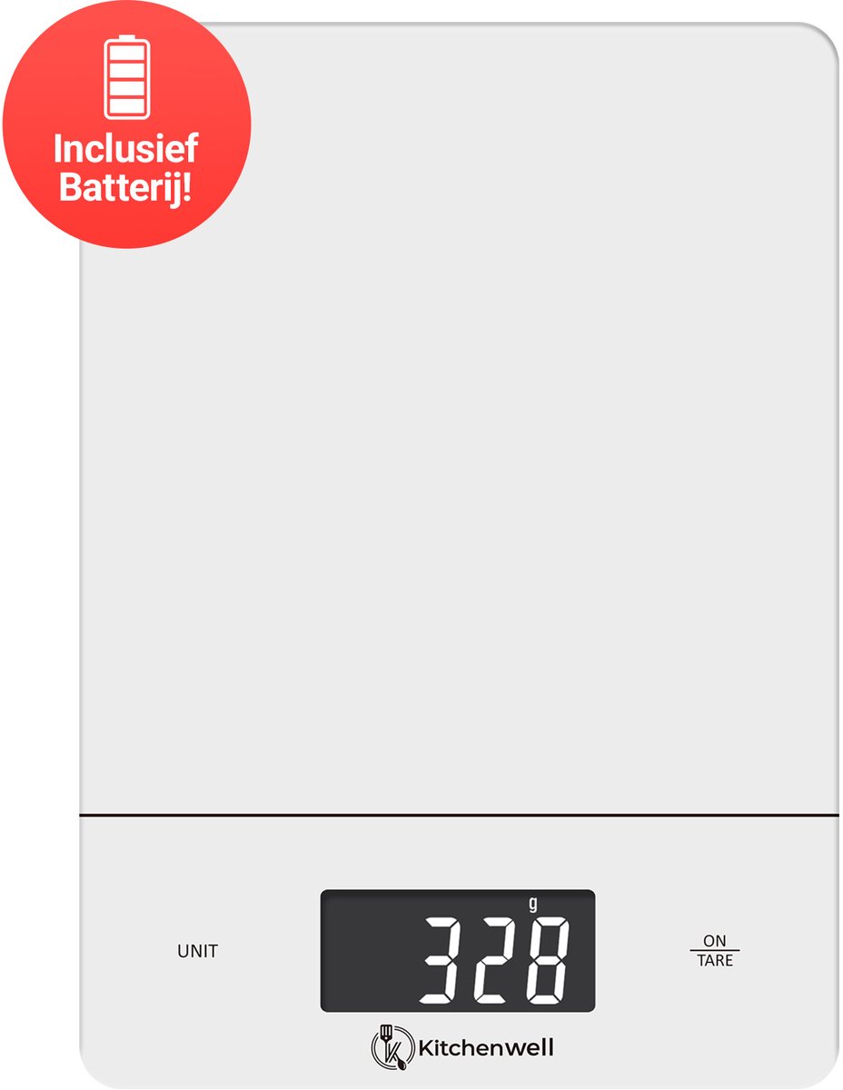 Kitchenwell Digitale Precisie Keukenweegschaal – Weegschaal Keuken - 1gr - 15kg – Tarra Functie - batterij - Wit
