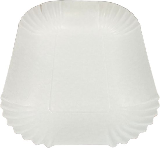 Witte kartonnen snack- en tapasschaal, 13 x 18 cm, met gegolfde rand.