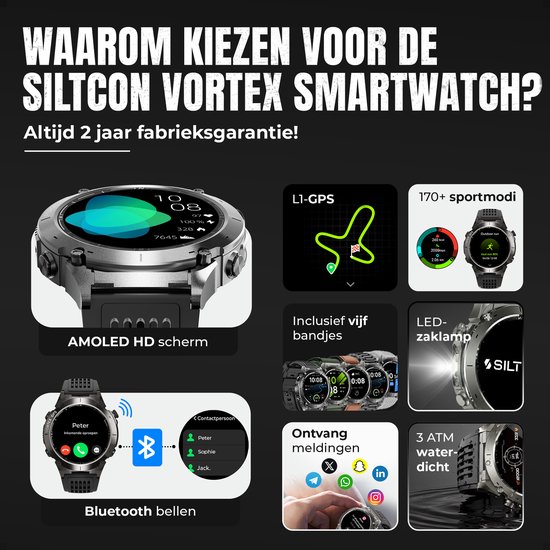 Siltcon® Vortex GPS Smartwatch Heren en Dames - Sport Horloge - Horloge Heren - Stappenteller - Hartslagmeter - Saturatiemeter - Belfunctie - 200+ Sportmodi - Kompas - Zaklamp - Waterdicht - AMOLED - Geschikt voor iOS/Android - 5 Bandjes