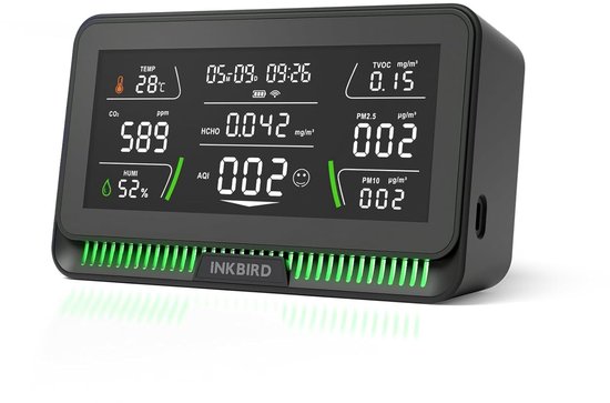 INKBIRD Draadloze 10-in-1 Luchtkwaliteitsmeter – CO₂, PM2.5, HCHO, TVOC – App & Display – Model IAQM-129-W BLACK 2025