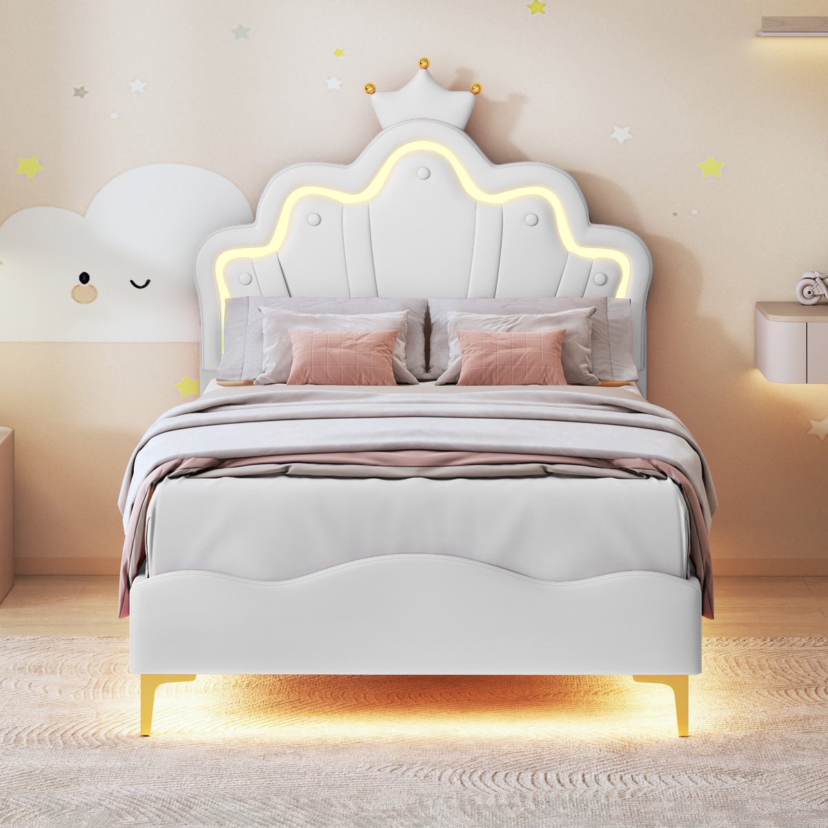 ROSAHQNDA Kinderbed 90x200 cm, met LED-verlichting, prinsessenbed, kroonbed, meisjesbed/kinderbed/eenpersoonsbed, plat bed, PU, ​​wit