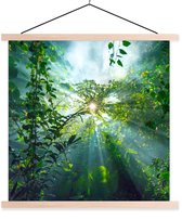 Posterhanger incl. Poster 60x60 cm - Schoolplaat - De zon schijnend door de bossen van een regenwoud in Maleisië - Textielposter - Blanke latten
