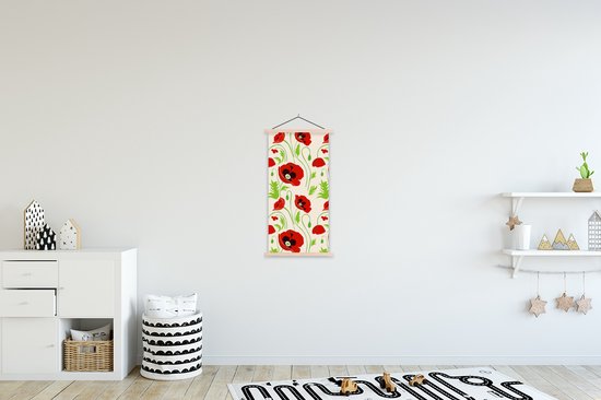 Posterhanger incl. Poster 40x80 cm - Schoolplaat - Bloemen - Klaproos - Patroon - Textielposter - Blanke latten