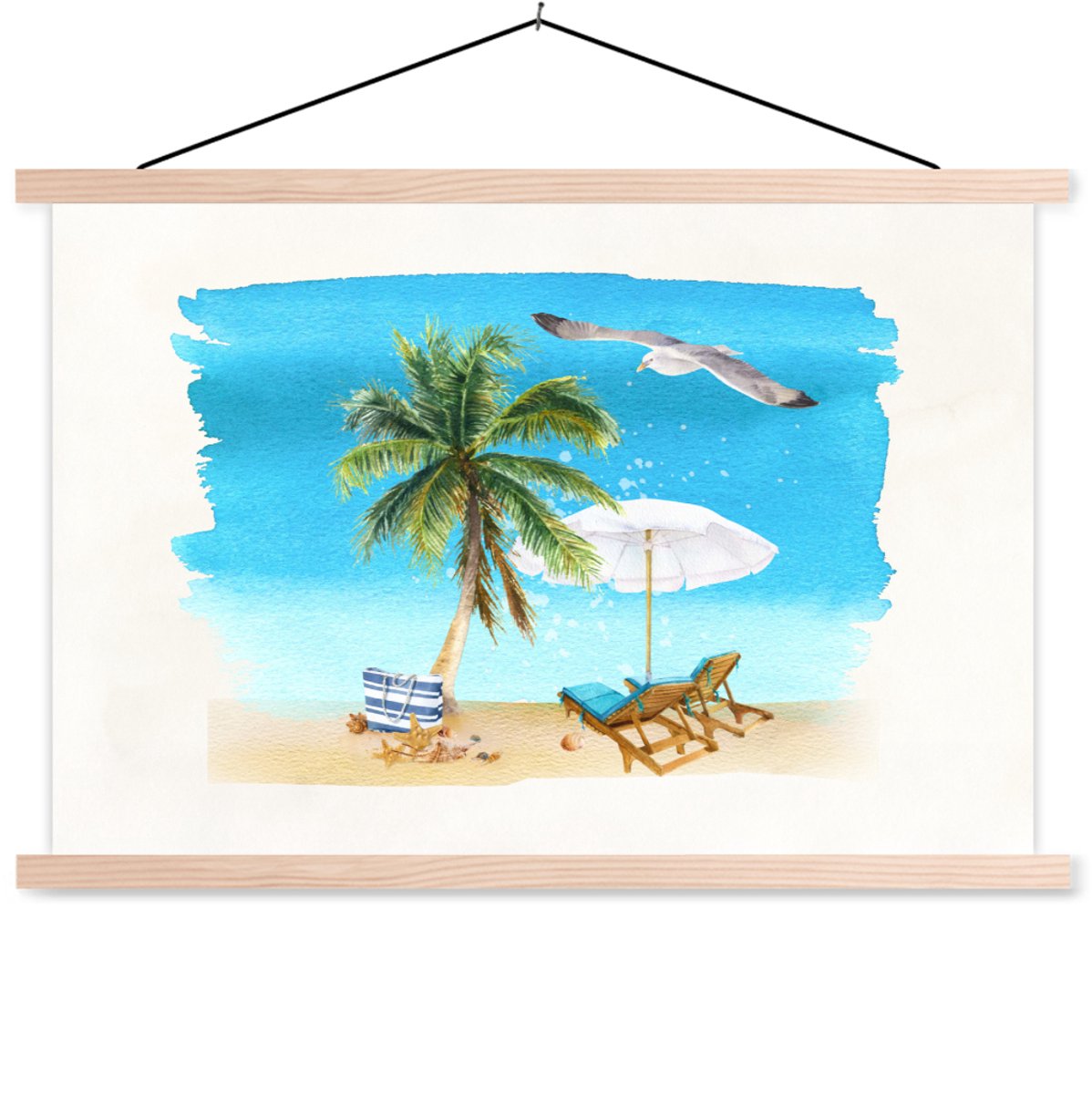 Posterhanger incl. Poster 120x80 cm - Schoolplaat - Strandstoel - Parasol - Palmbomen - St